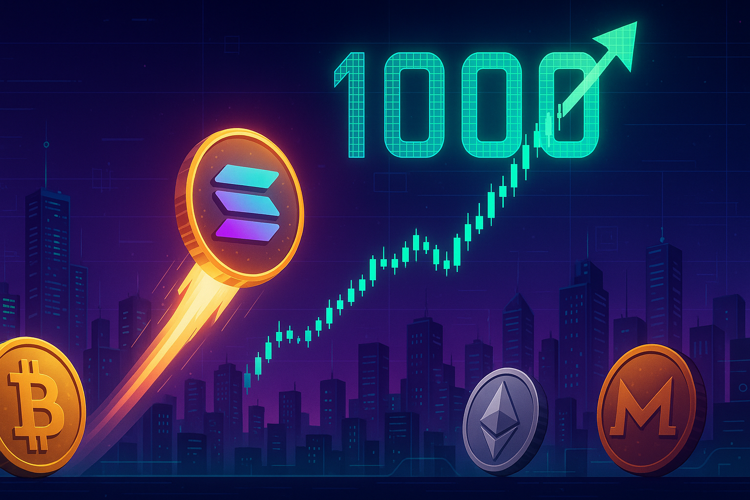 A criptomoeda Solana dispara rumo aos US$ 1,000, ultrapassando os limites do mercado cripto, com gráficos de preços otimistas e outras criptomoedas importantes ao fundo.