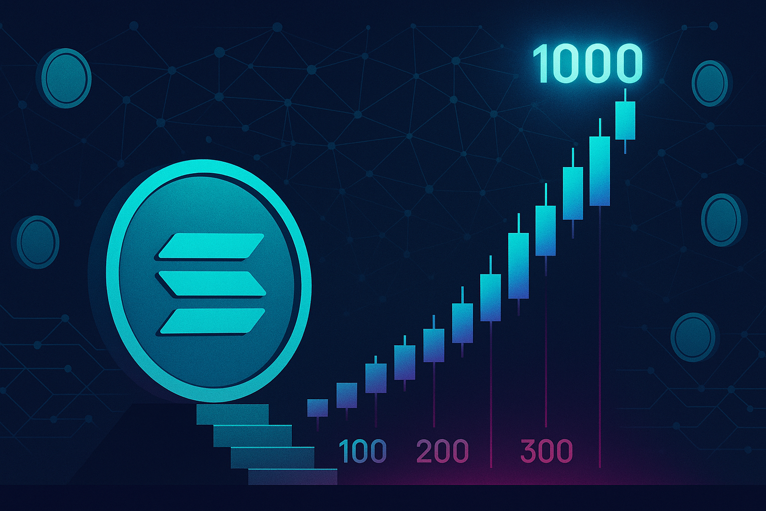 Solana coin climbing candle-step price ladder toward $1000 target in neon crypto scene