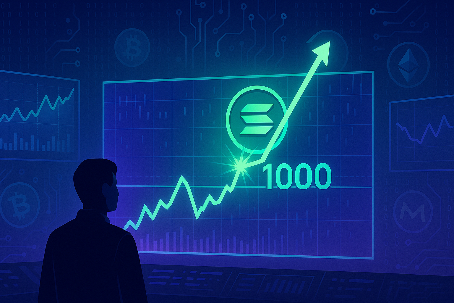 Trader watching Solana price chart break past 1000 amid holographic crypto dashboards