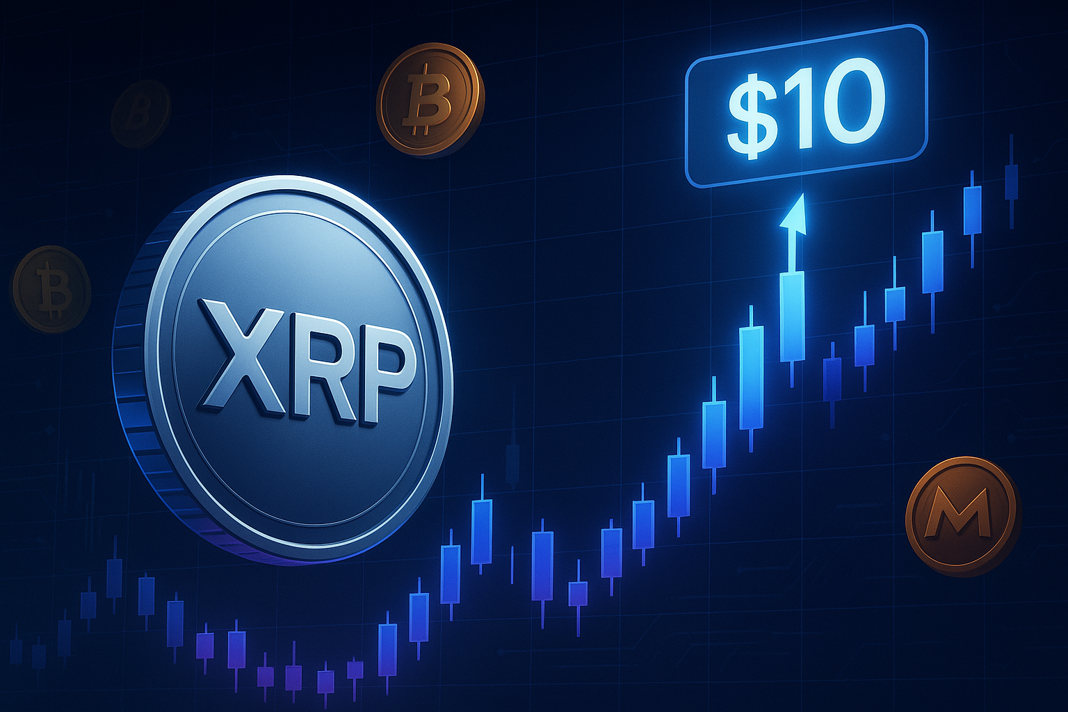 XRP coin surging toward a $10 price target on a neon crypto chart