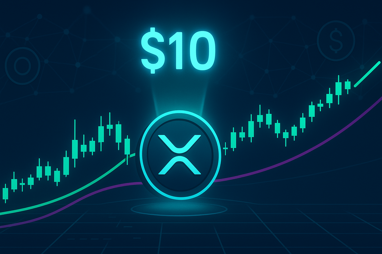 Futuristic XRP trading dashboard banner with $10 price target and rising crypto charts
