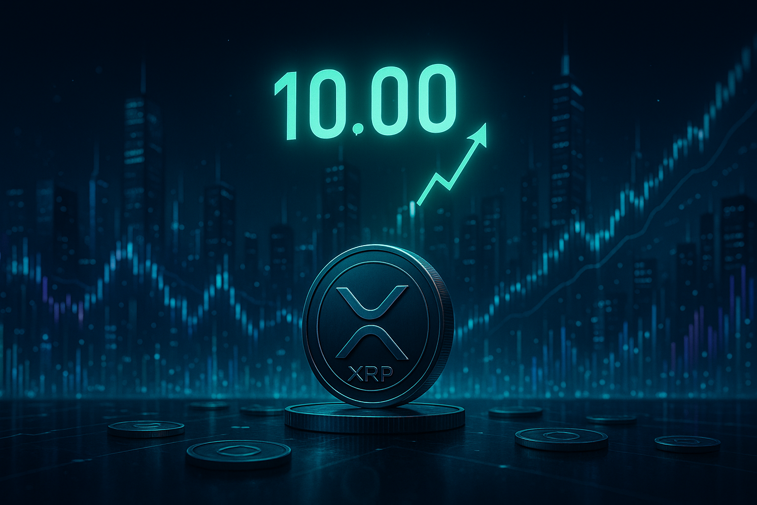 Cinematic crypto city with XRP coin and $10 price target glowing at night