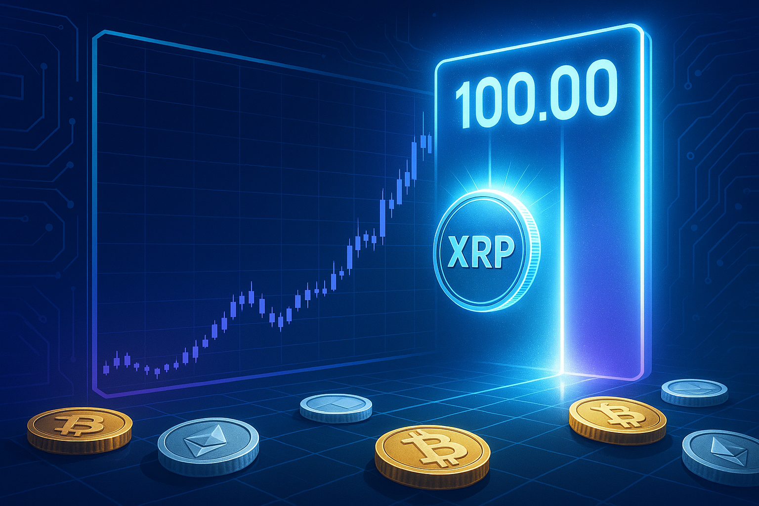 Futuristic XRP price chart testing a $100 barrier with other crypto coins