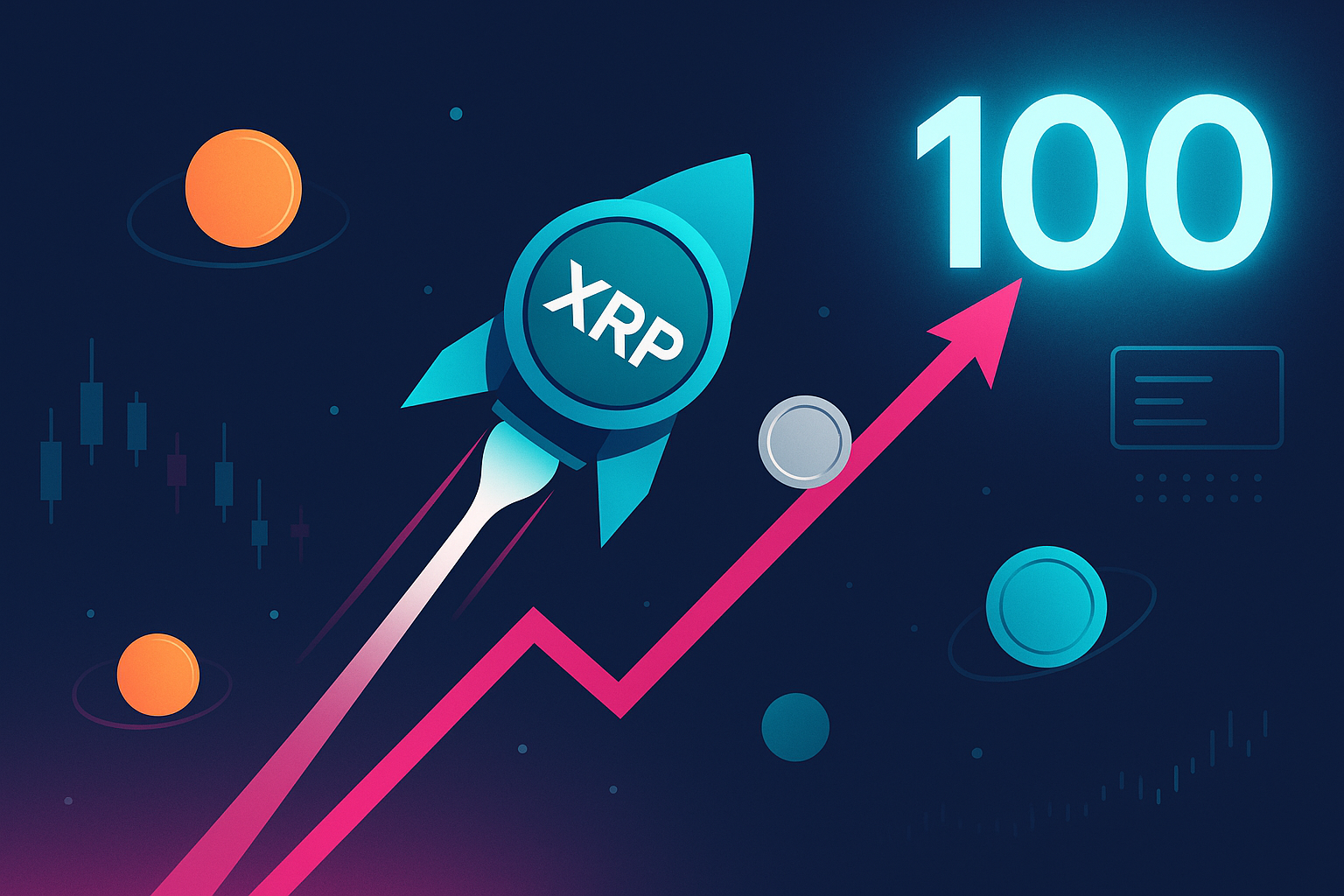 XRP rocket coin soaring toward 100 with crypto price chart and orbiting coins