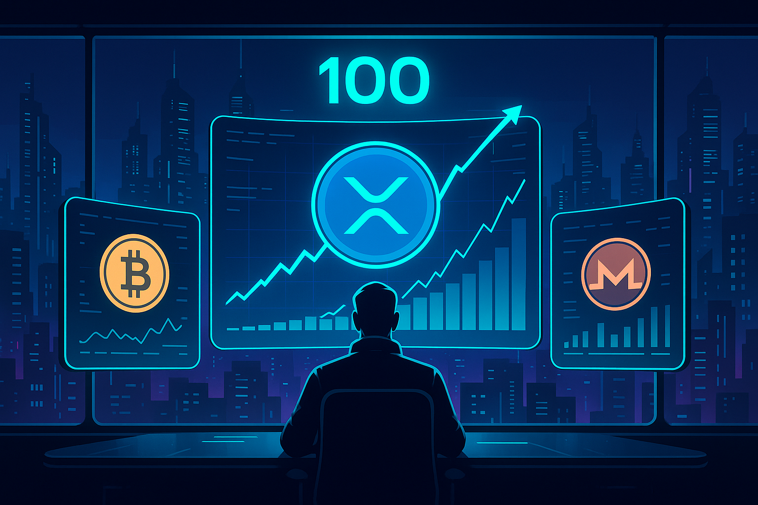Trader at holographic crypto desk watching XRP price surge toward $100 target