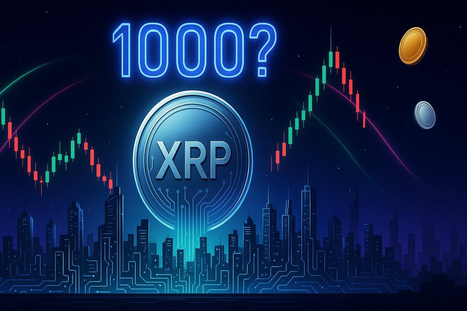 Futuristic crypto city skyline with rising XRP coin and 1000 price question