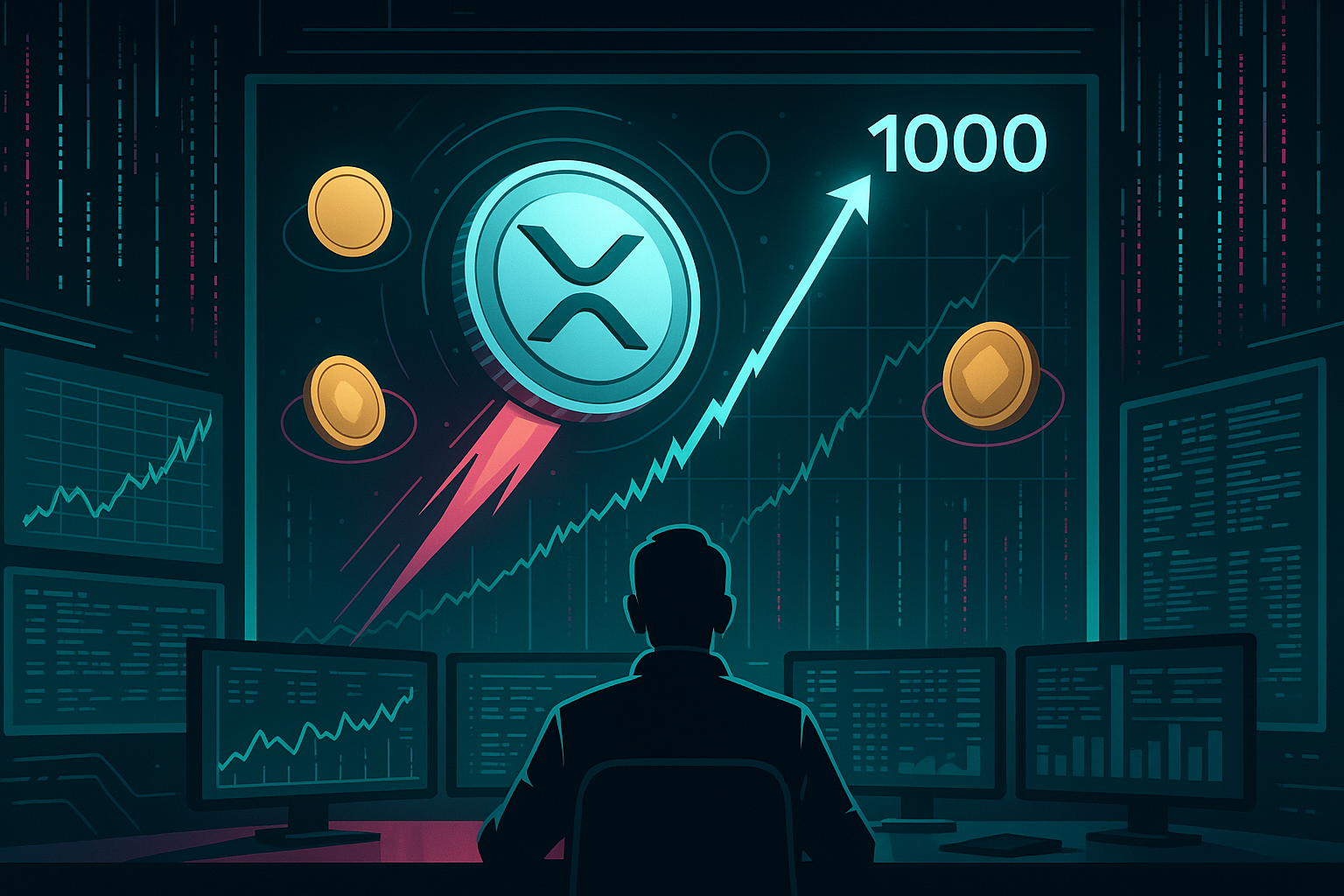 Trader at holographic crypto desk watching XRP-style coin surge toward 1000 on price chart