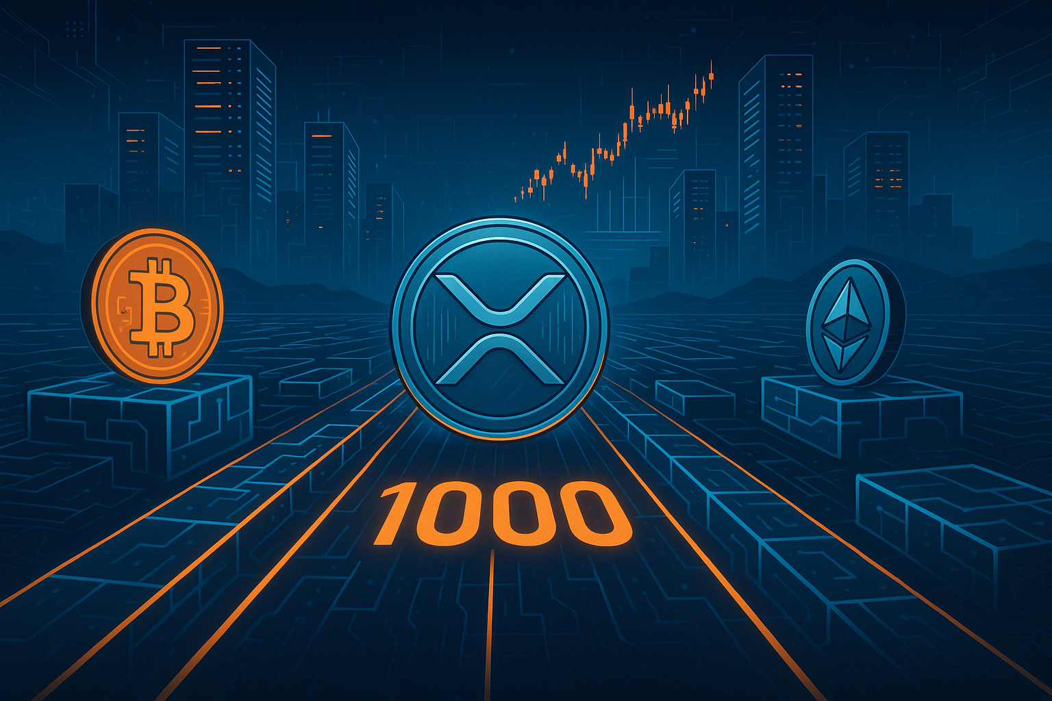 XRP coin racing toward 1000 on a futuristic blockchain highway with BTC and ETH in the background