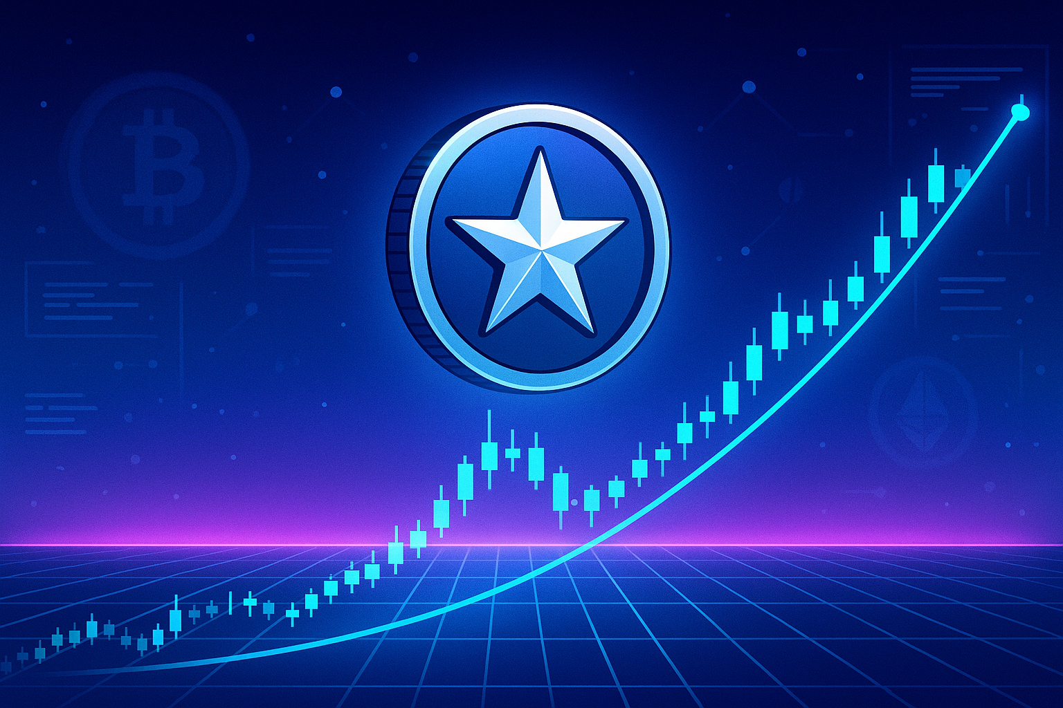 Futuristic crypto chart with rising silver star coin for XLM price prediction