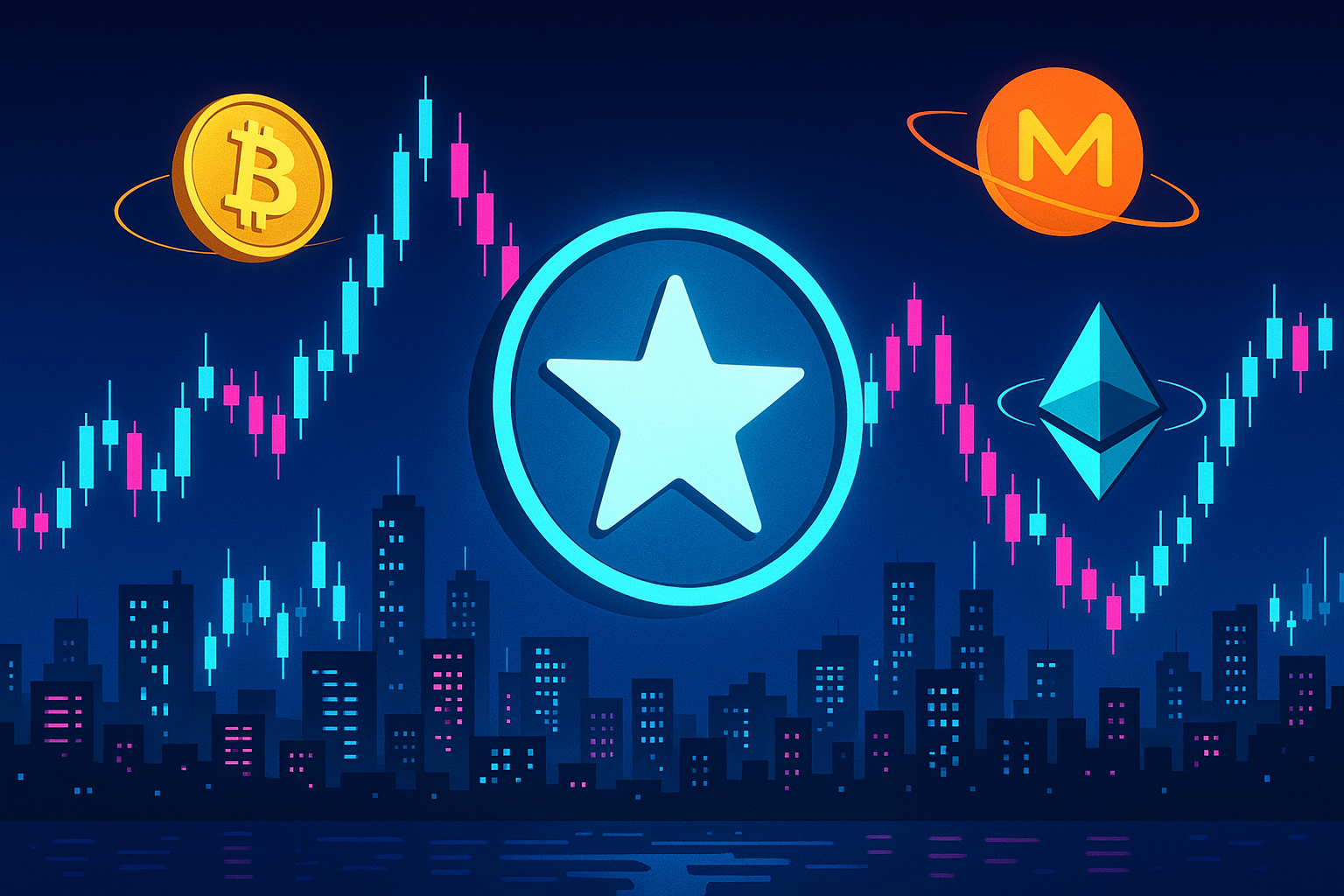 Futuristic XLM coin with crypto skyline and price candles at night