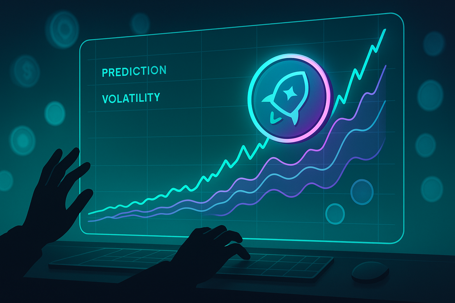 Futuristic trading desk with holographic XLM price prediction chart and volatility bands