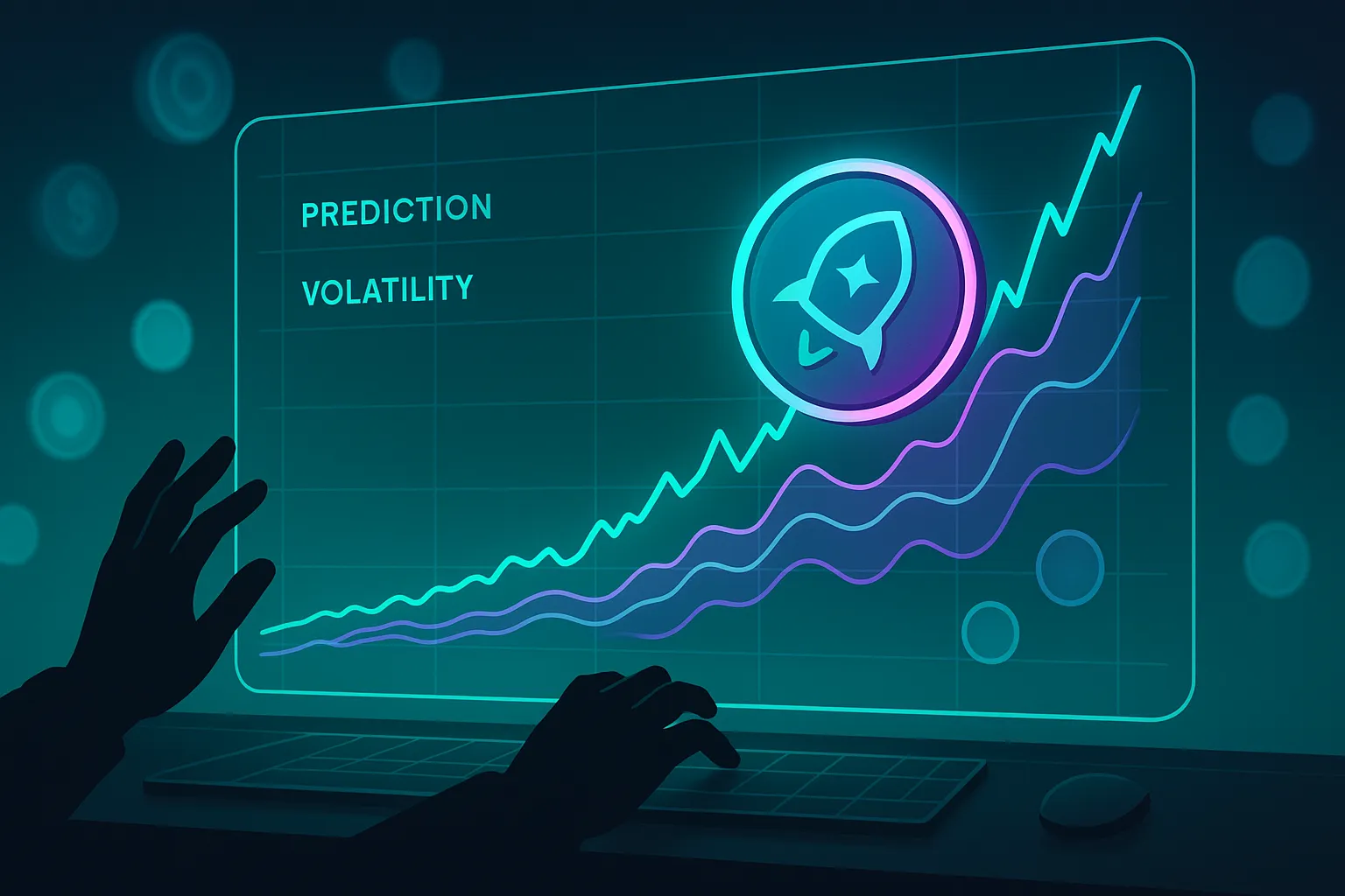 Bureau de trading futuriste avec graphique de prédiction des prix XLM holographique et bandes de volatilité