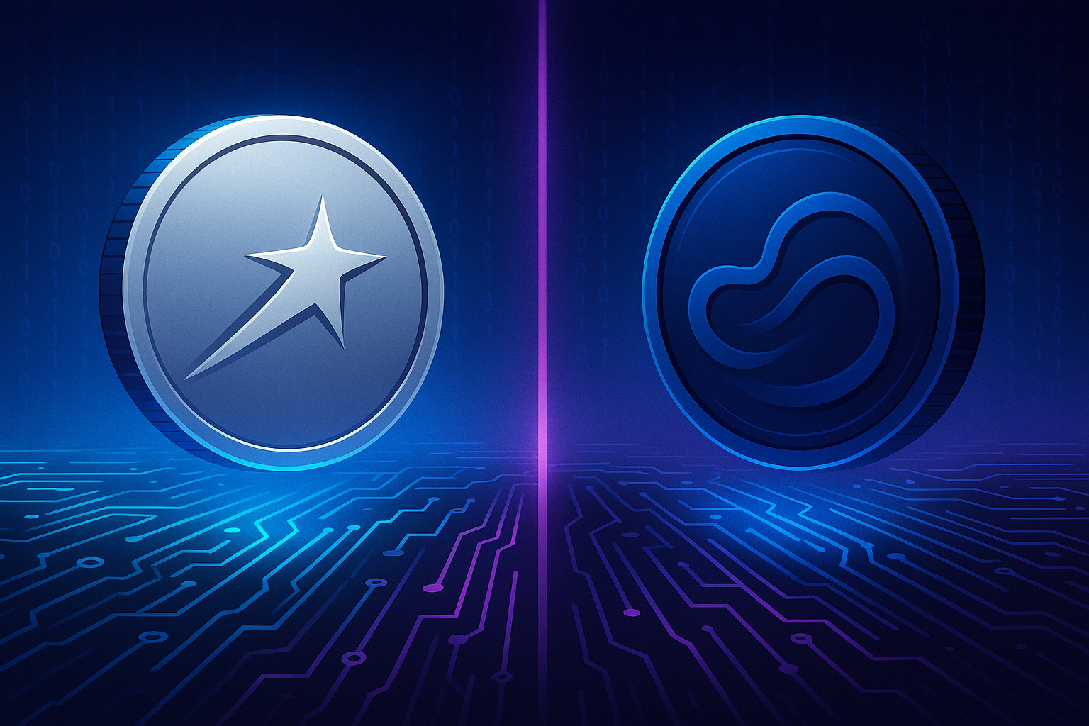 Futuristic split-screen banner comparing two digital coins above neon circuit boards