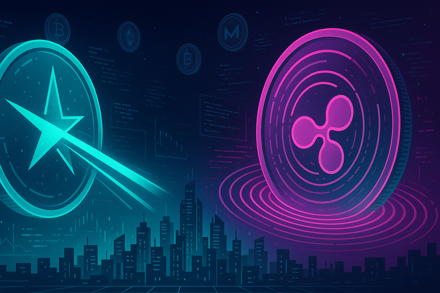 Crypto vs crypto banner with star and ripple coins over neon digital city