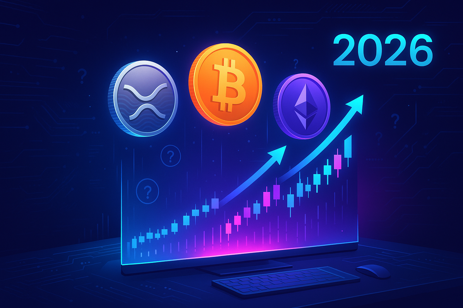 Futuristic 2026 crypto trading desk with XRP-like coin and rising holographic price chart
