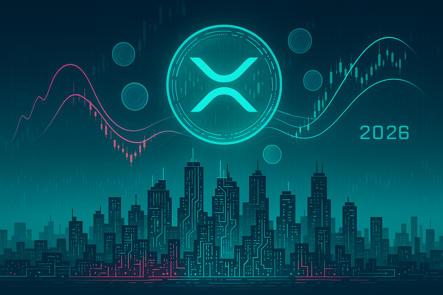 Futuristic 2026 city skyline with glowing XRP-style crypto coin and price prediction charts at dusk