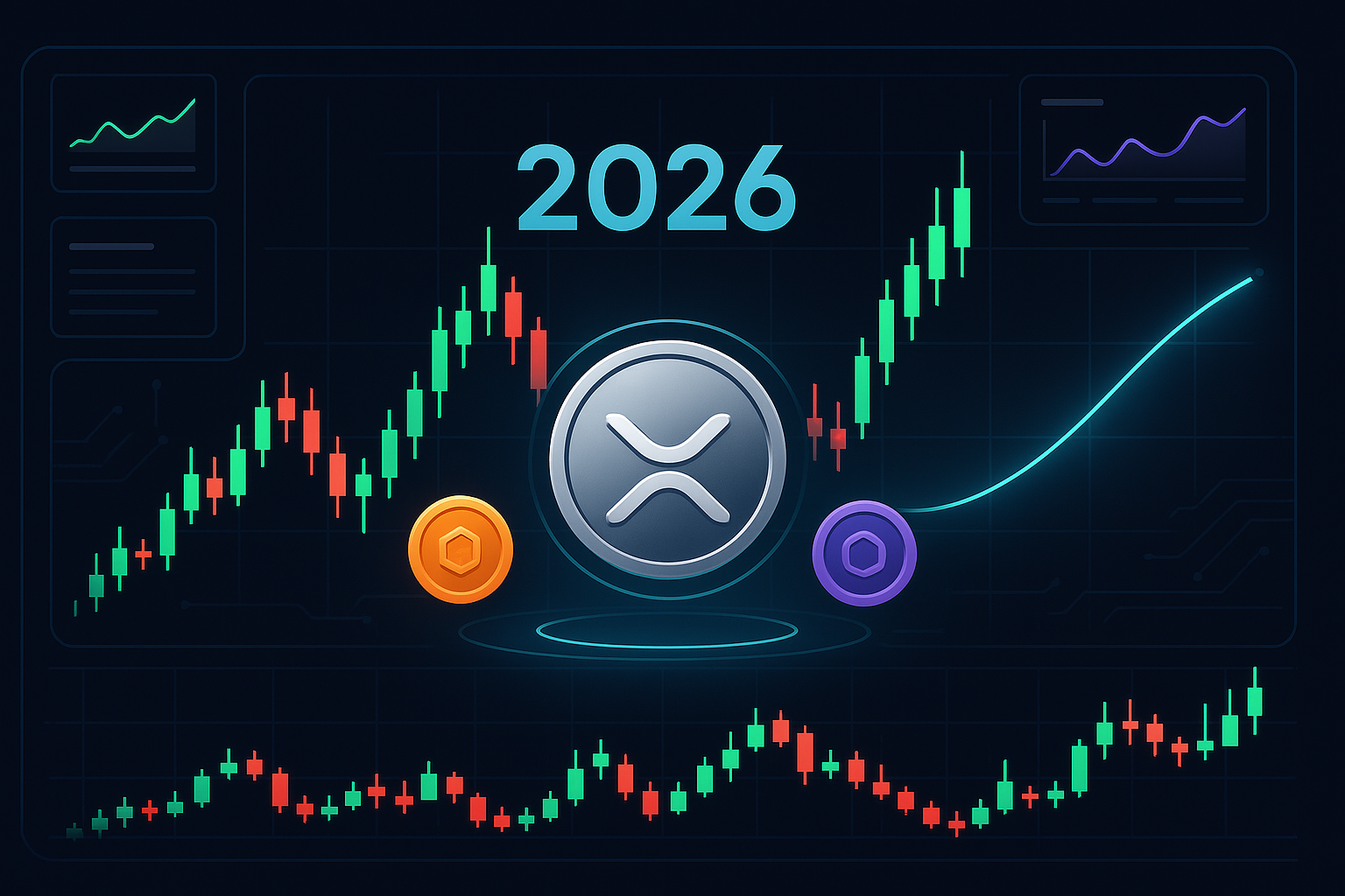 Futuristic dark mode crypto dashboard with XRP-style coin and 2026 price prediction charts