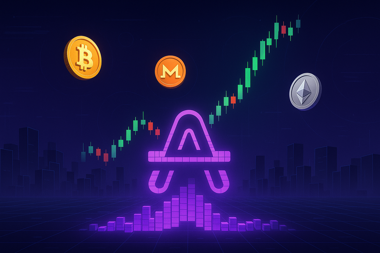 AMP crypto waveform and price chart with orbiting digital coins in futuristic city