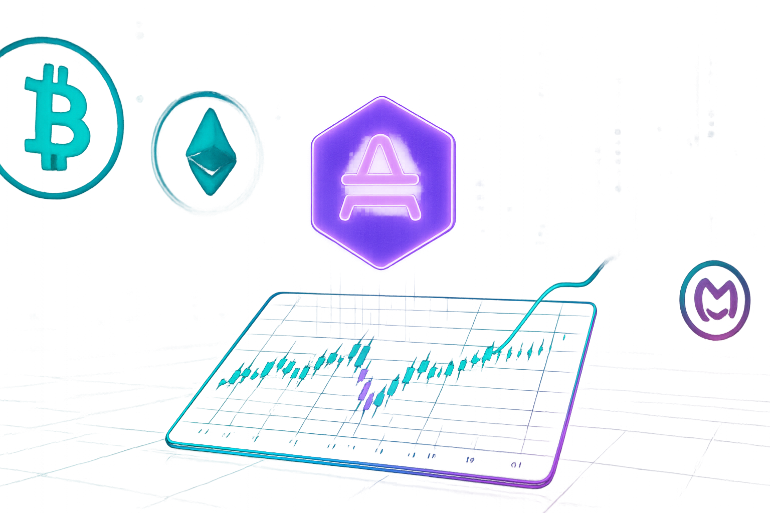 Futuristic crypto trading floor with AMP hexagon, charts, and hovering digital coins