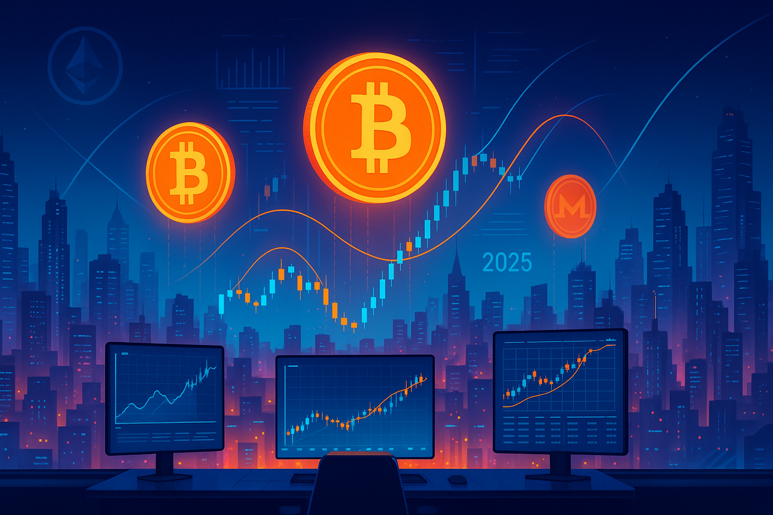 Futuristic crypto trading desk with neon bitcoin price charts over 2025 city skyline