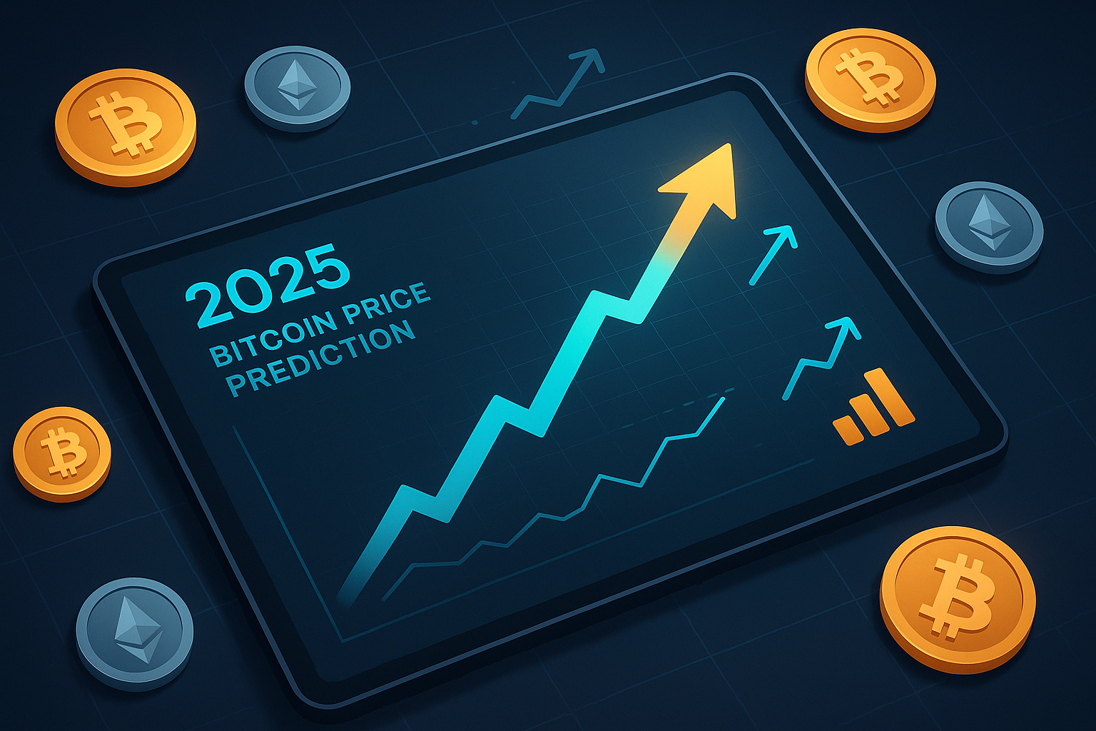 Tablet showing 2025 Bitcoin price prediction chart with crypto coins on dark desk