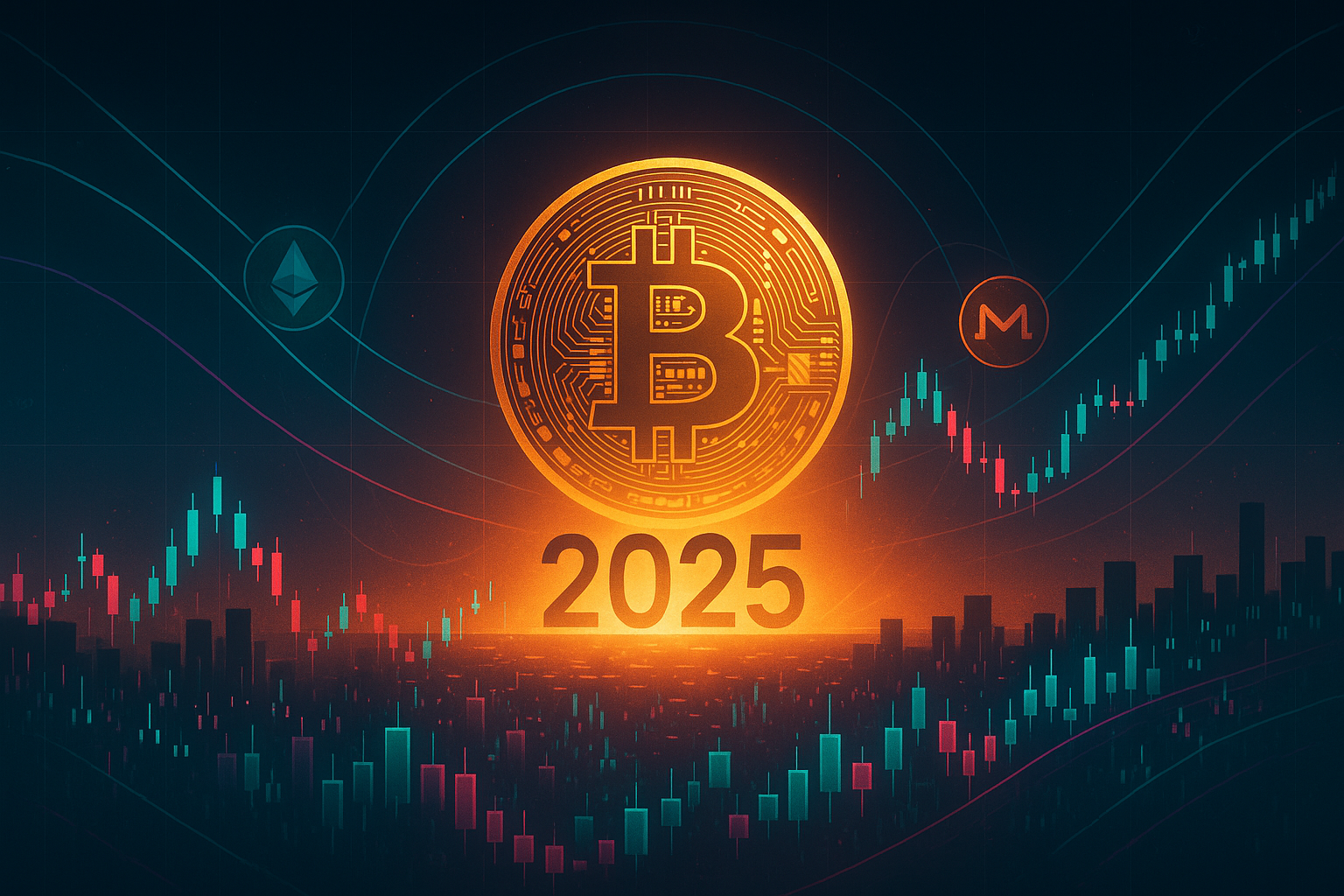 Futuristic crypto city with rising Bitcoin sun and 2025 price paths