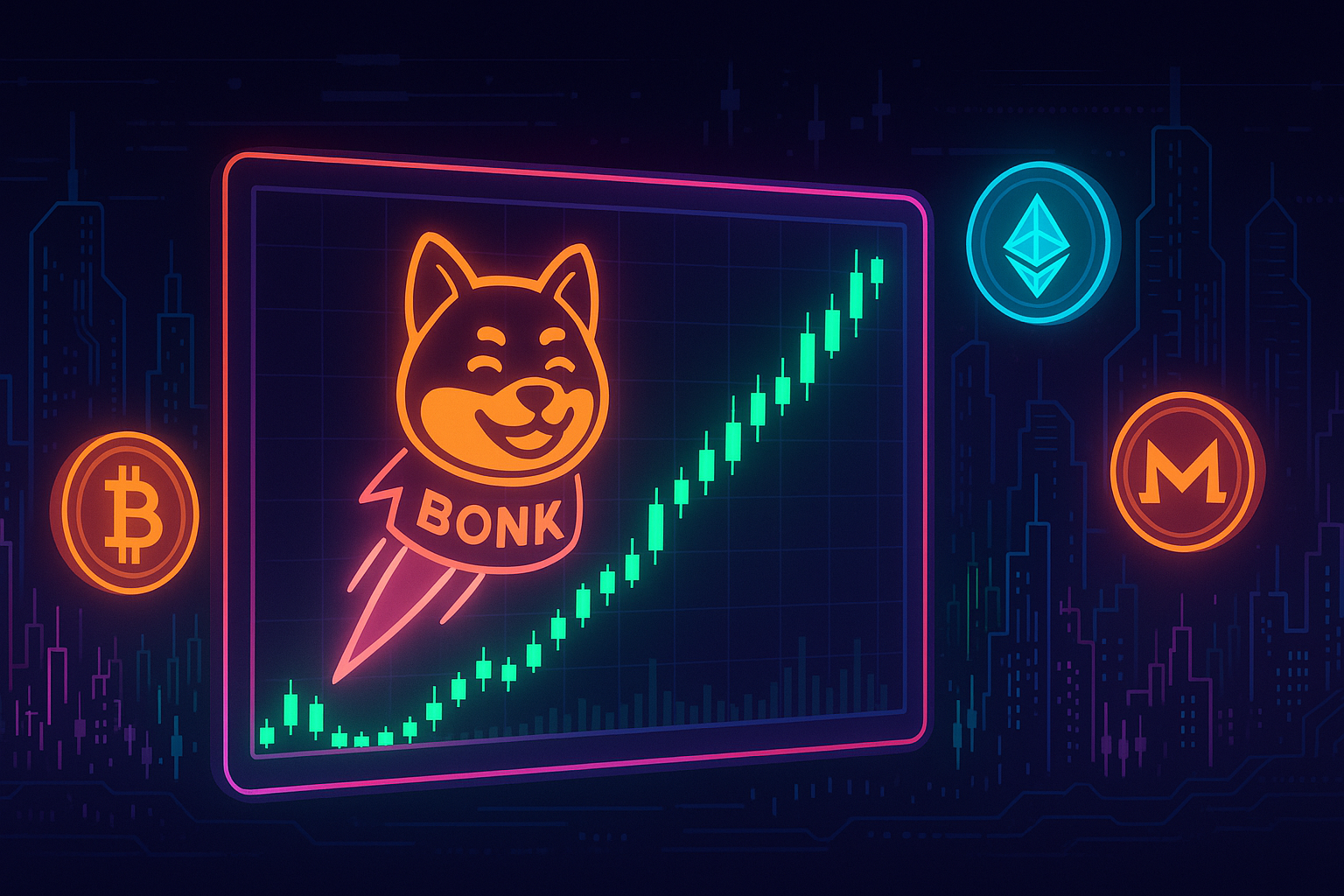 BONK coin price surging on futuristic crypto trading dashboard in neon cyberpunk city