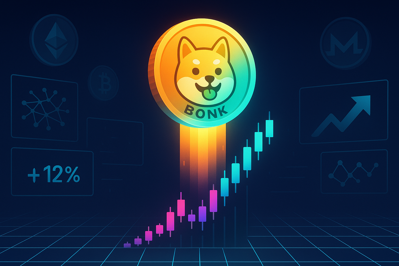 Futuristic BONK coin rocketing over candlestick chart with crypto icons