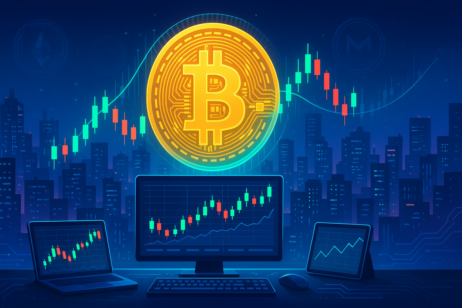 Futuristic crypto trading desk with neon city and glowing Bitcoin price chart