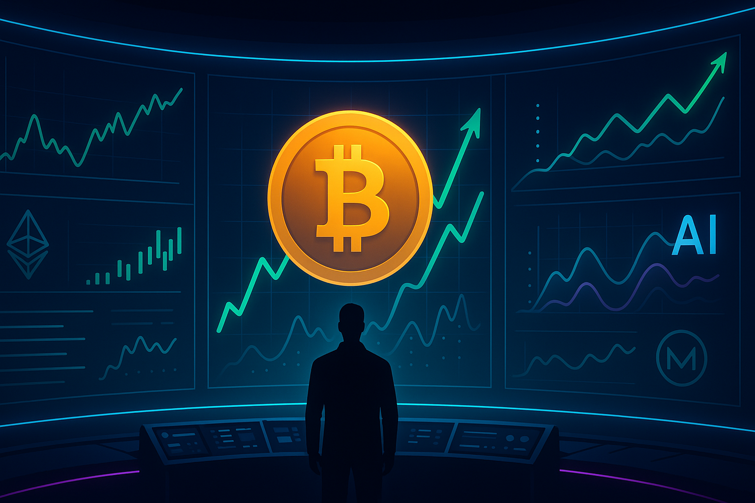 Futuristic crypto control room with Bitcoin price charts and AI trend forecasts on holographic screens