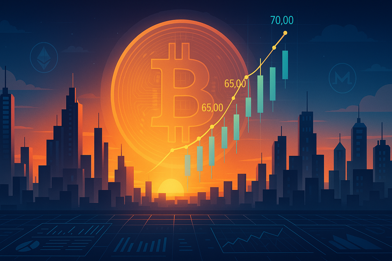 Cyberpunk skyline with Bitcoin sunrise and crypto price charts in the sky