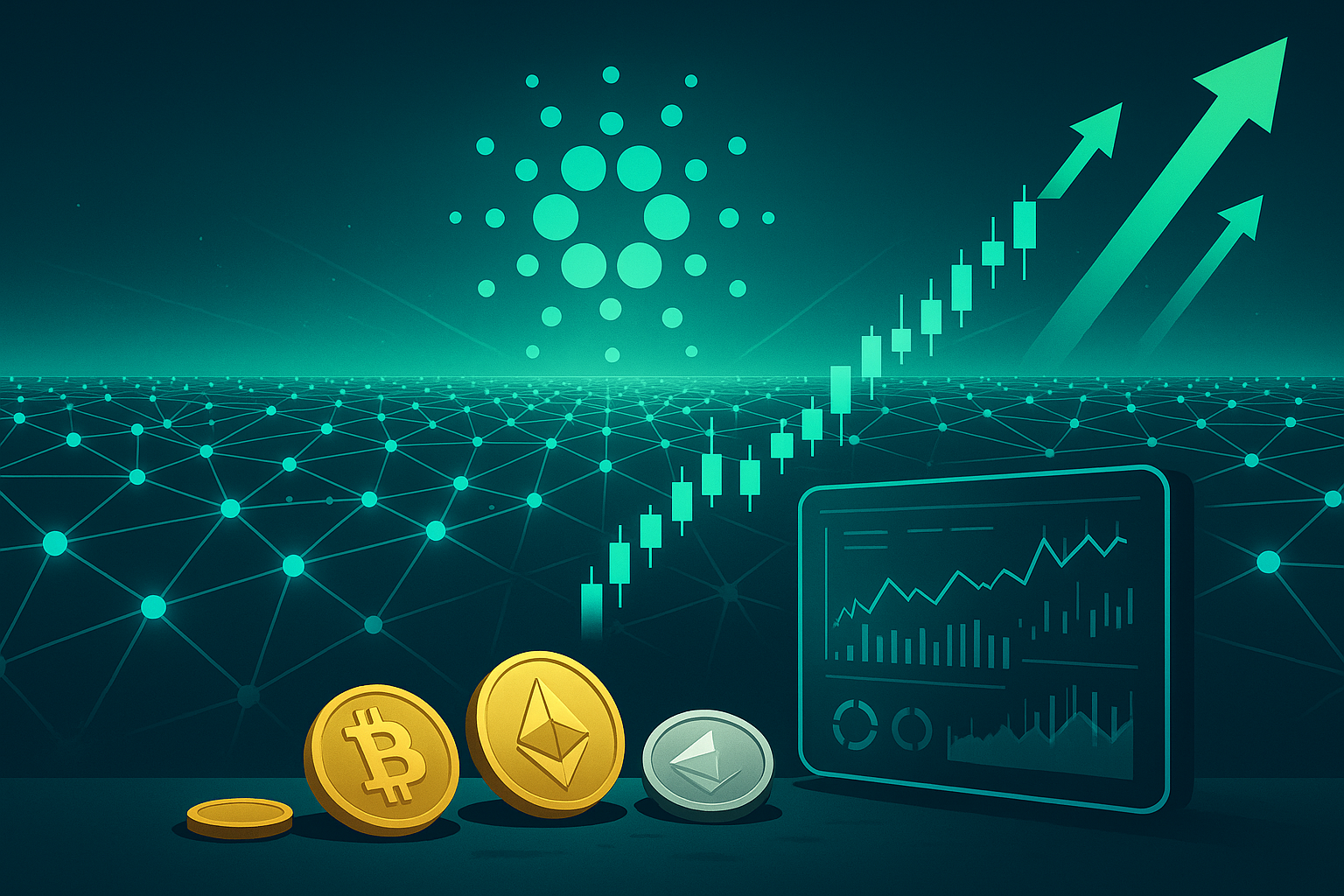 Cardano price prediction banner with rising candlesticks and crypto network