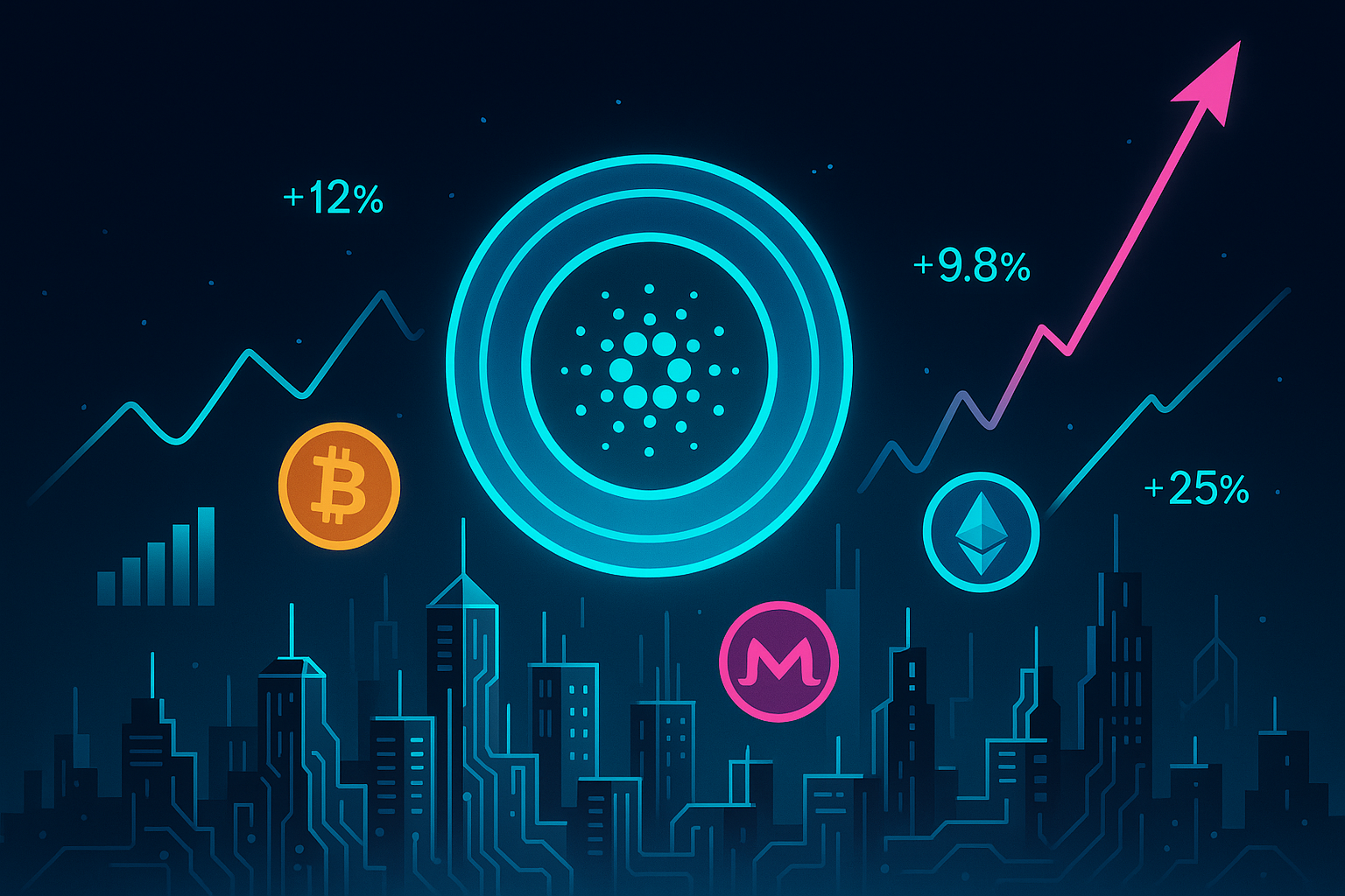 Futuristic circuit-board city with Cardano coin and rising crypto price charts