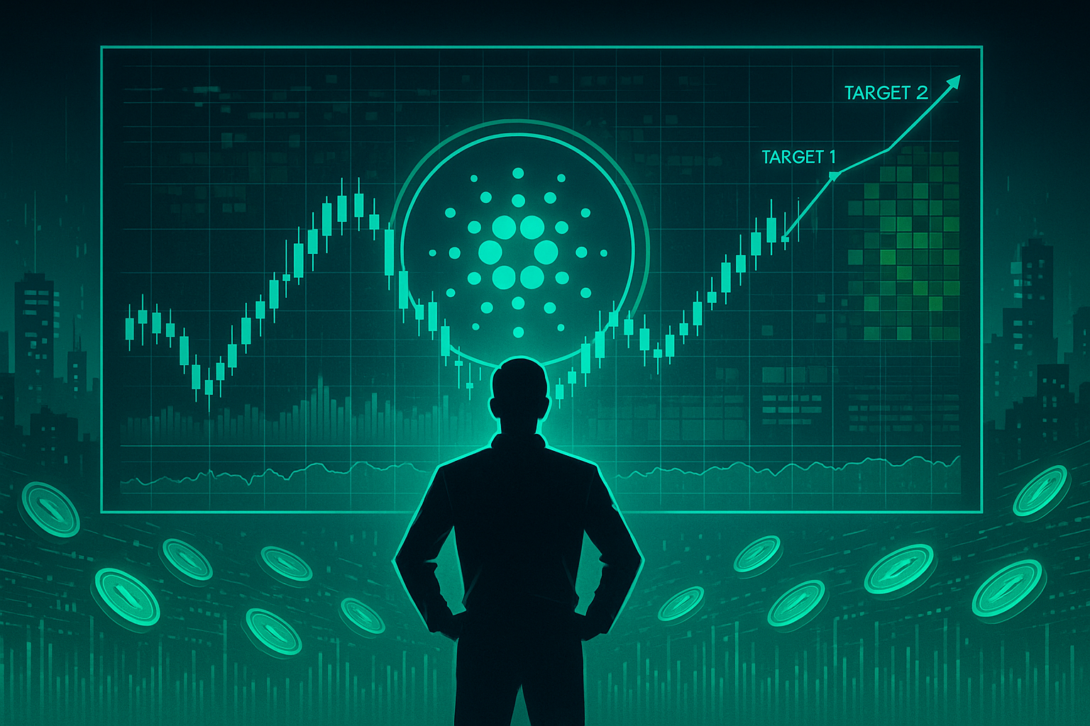 Trader watching Cardano price charts on holographic screen over futuristic crypto city
