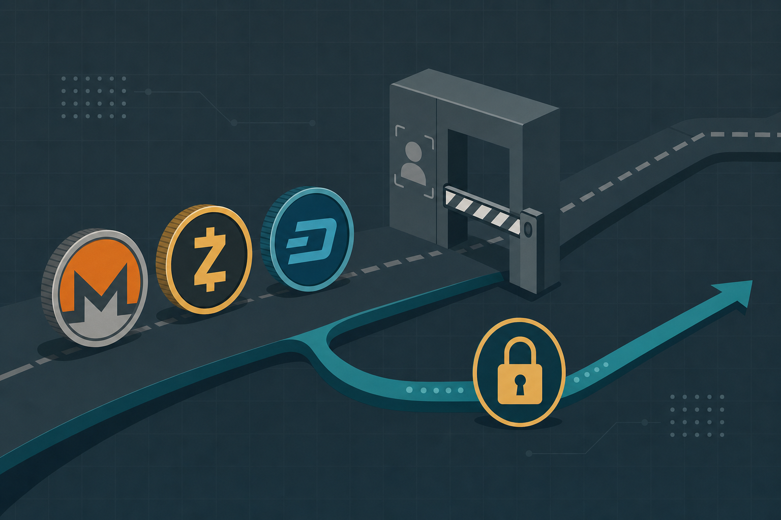 Três moedas focadas em privacidade contornando um portal fechado de verificação de identidade em direção a um caminho de troca sem custódia.