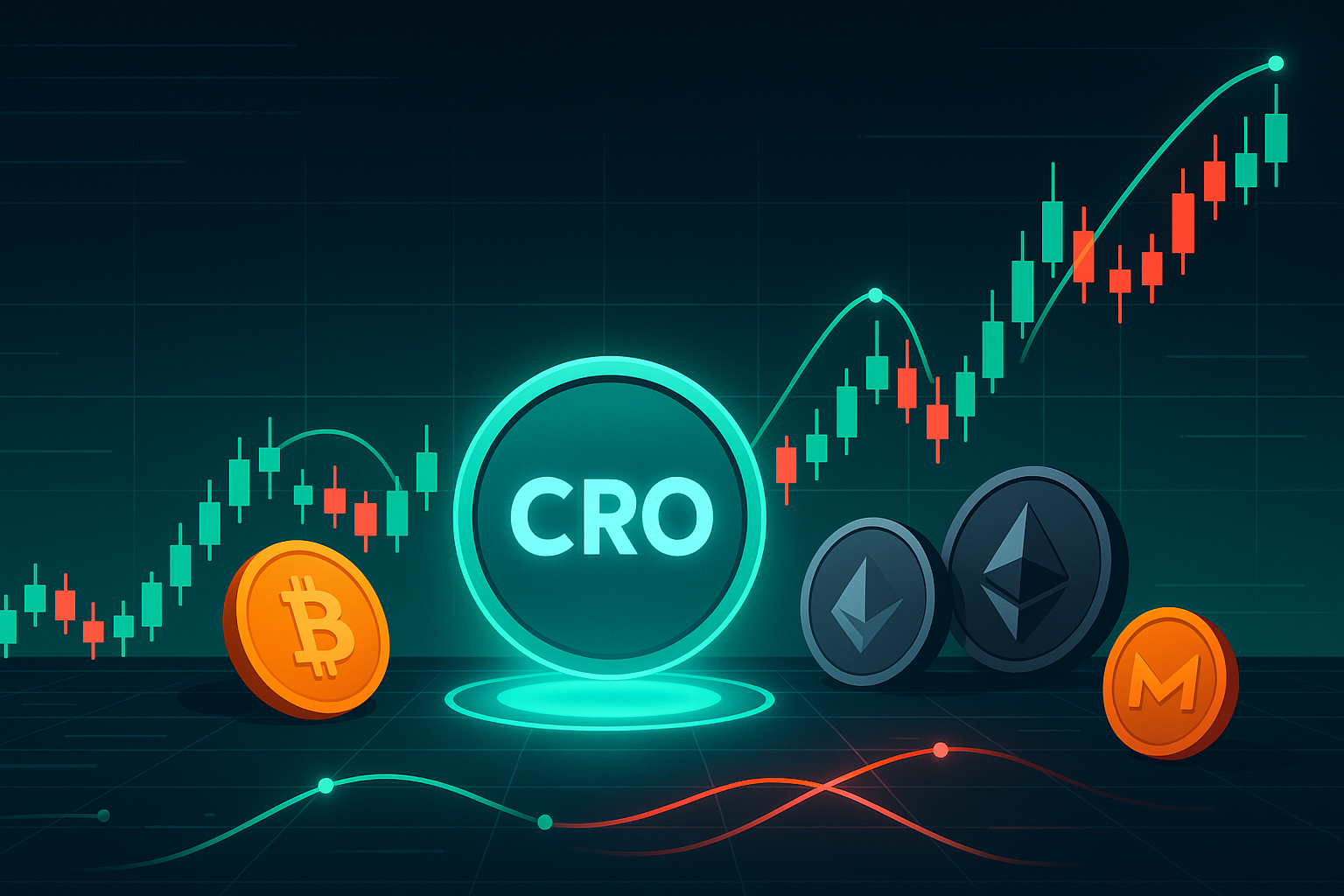 Painel de previsão de preço da criptomoeda CRO com gráficos de velas e outras criptomoedas.