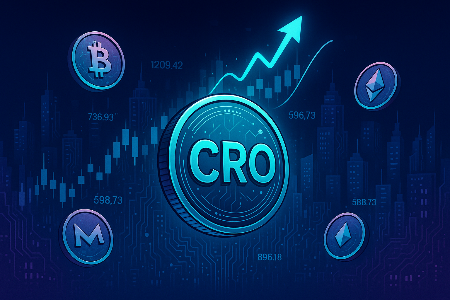 CRO coin price prediction banner with holographic crypto city skyline and orbiting digital coins