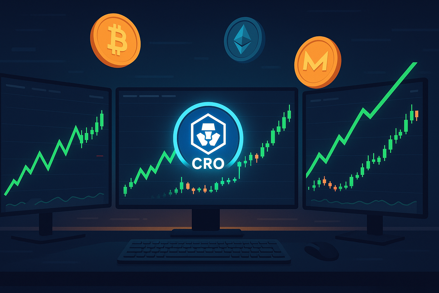 Trader workspace with CRO coin price charts on ultra-wide crypto monitors