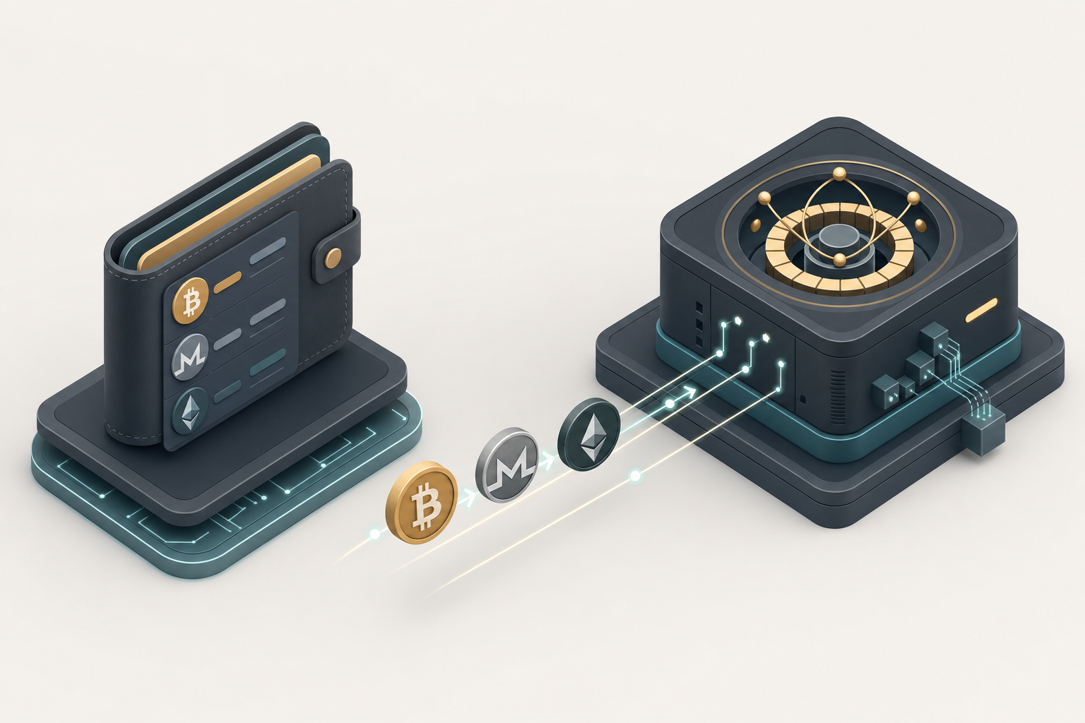 Wallet app connecting through an API line to a crypto swap engine with coin tokens flowing between two nodes