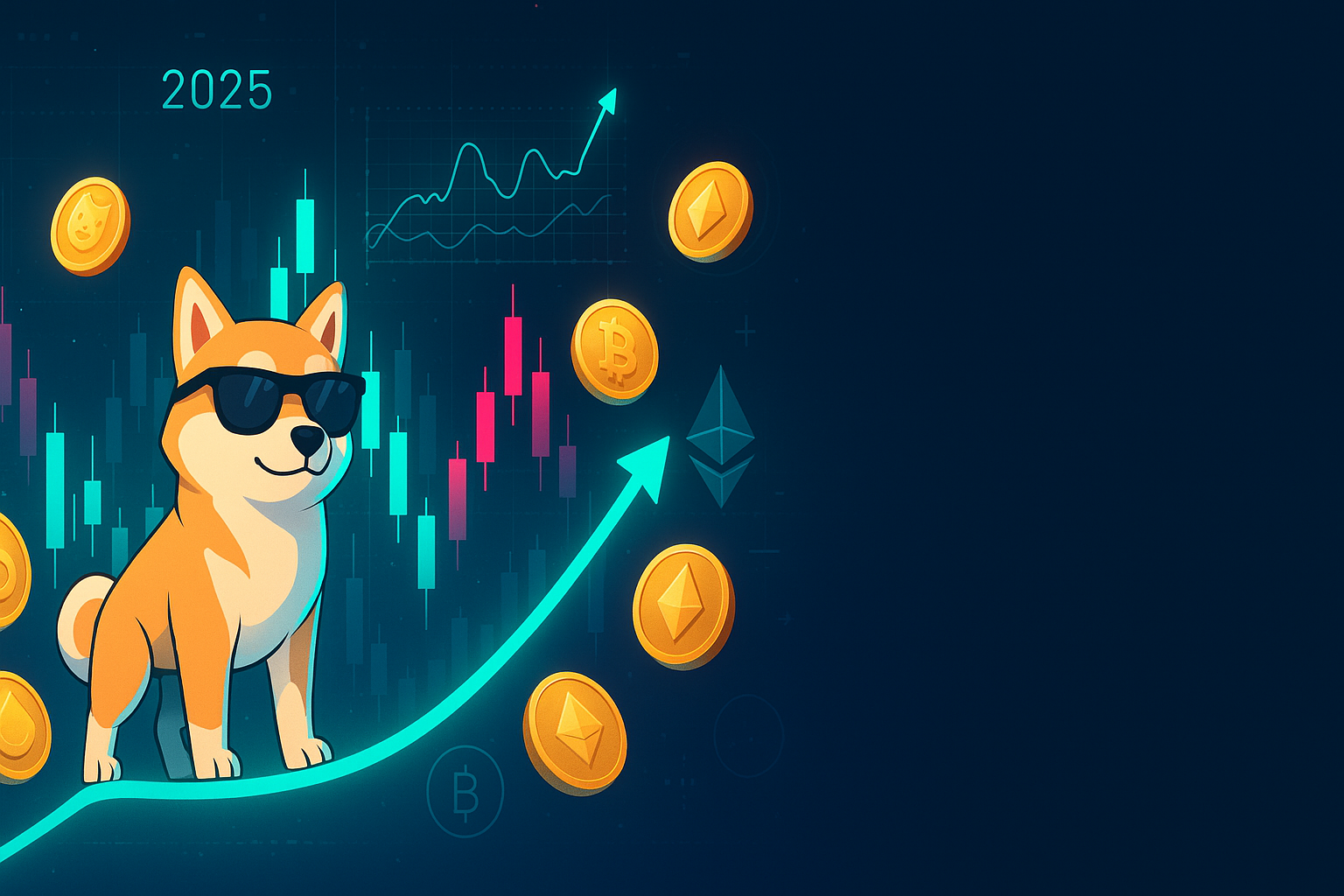 Futuristic 2025 crypto city with Shiba mascot on rising price line