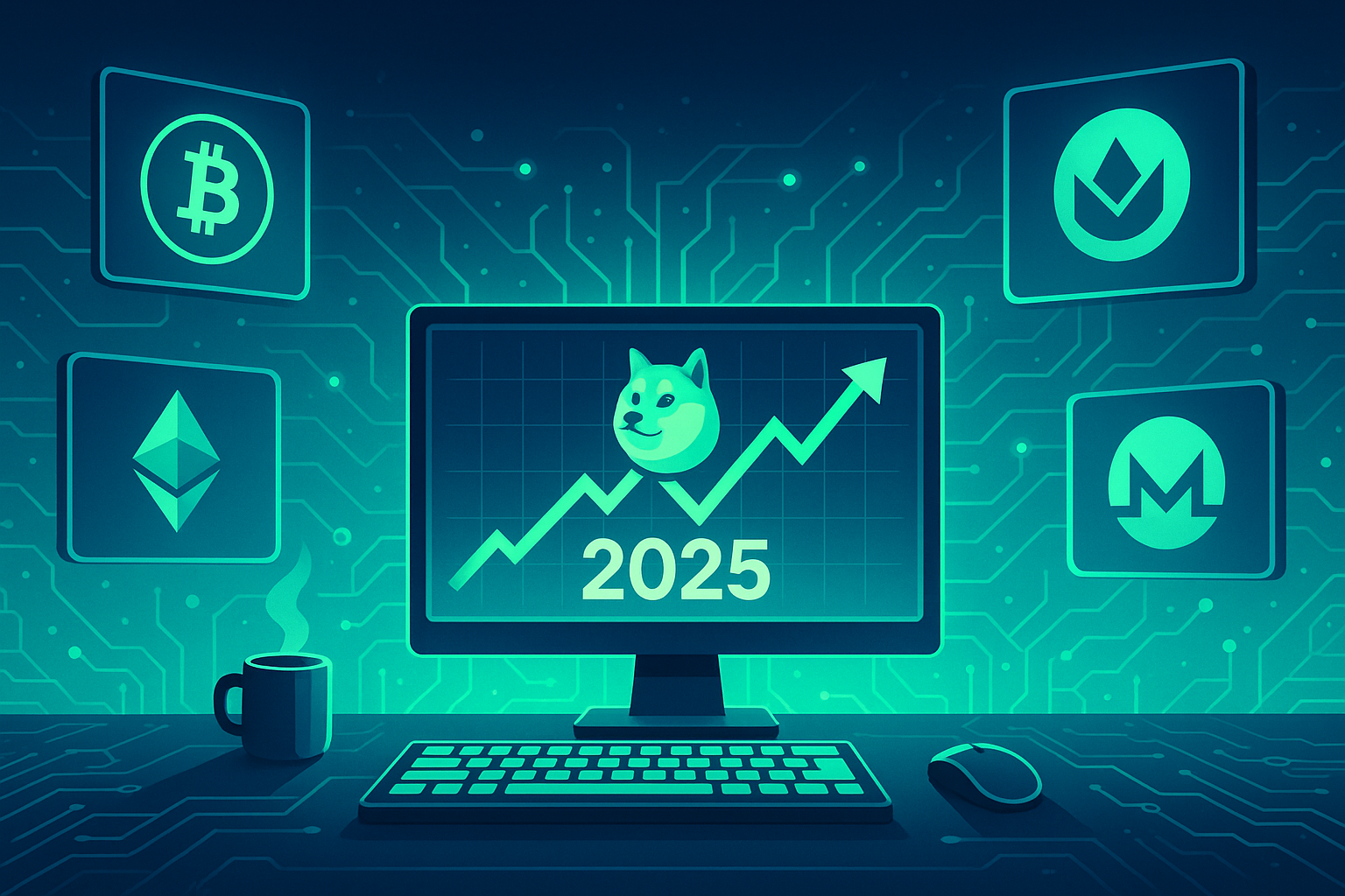 Futuristic crypto trading desk showing bullish Dogecoin price prediction for 2025