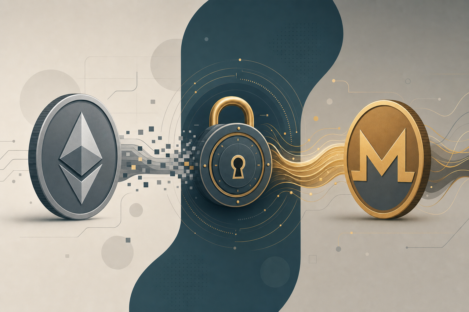 Illustration of an Ethereum token converting into a Monero token through a privacy lock icon