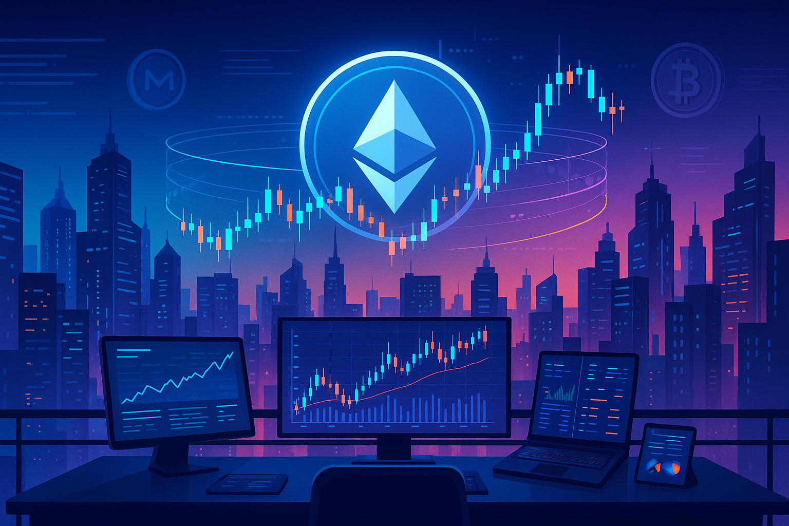 Futuristic crypto trading desk with Ethereum hologram over cyberpunk city skyline