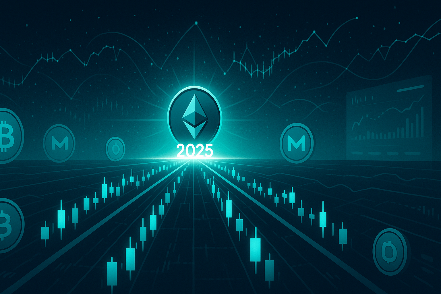 Futuristic crypto highway leading to a glowing Ethereum 2025 horizon with chart constellations