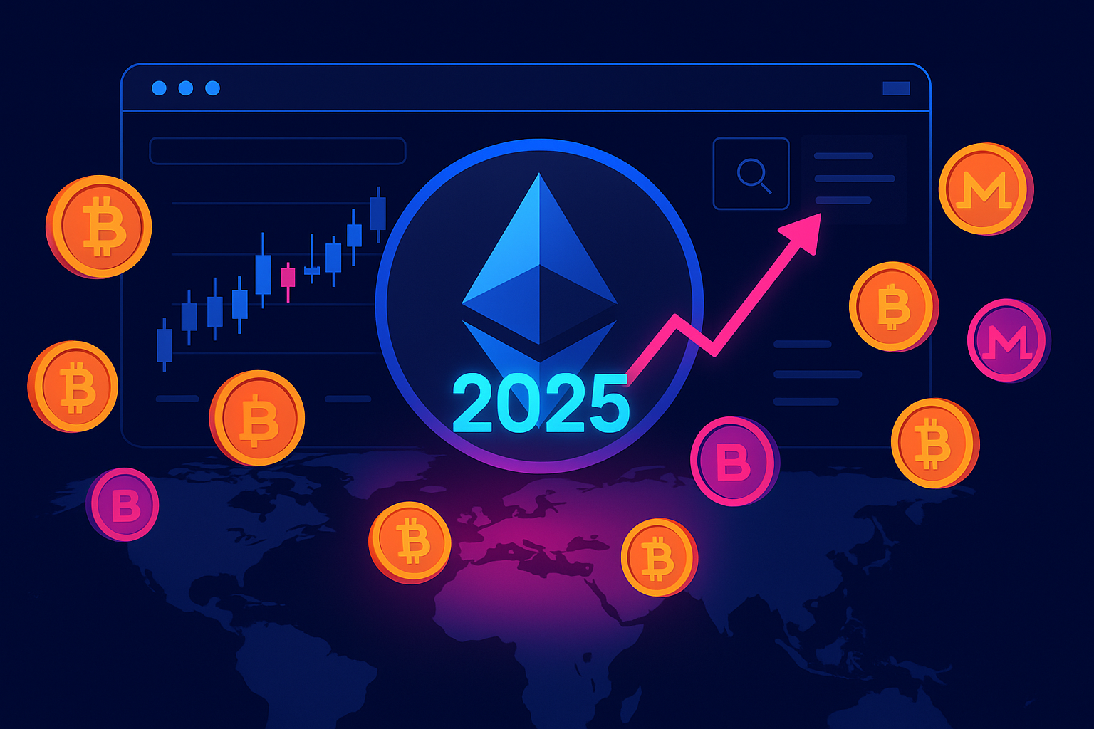 Ethereum price prediction 2025 header showing crypto trading interface and rising ETH trend line