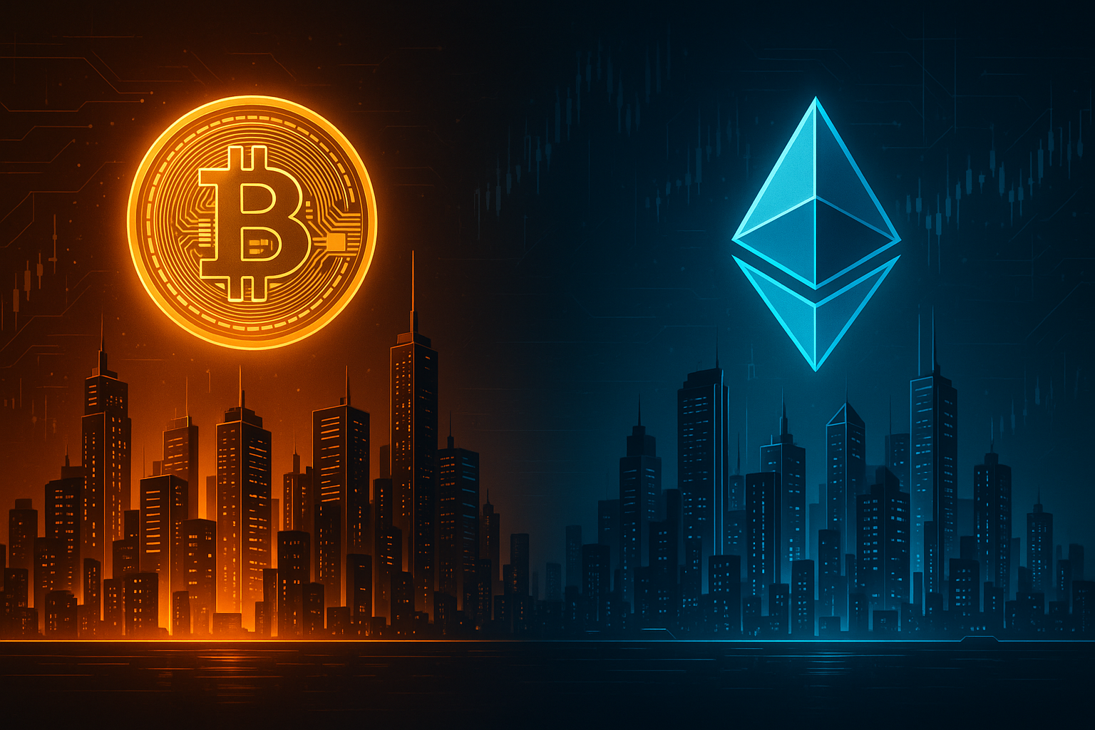 Futuristic split cityscape comparing Bitcoin-like coin and Ethereum-like crystal at night