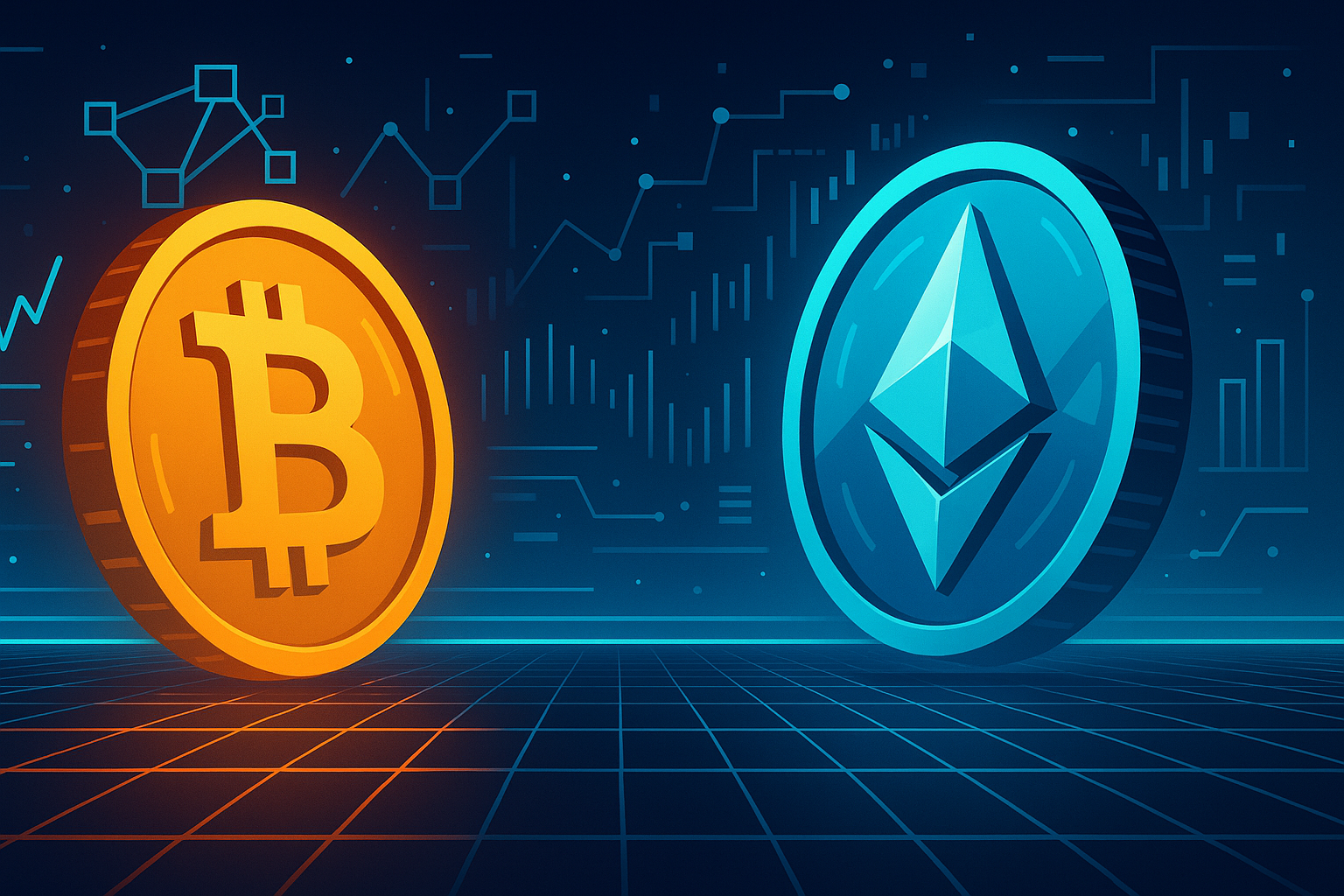 Futuristic arena with stylized Bitcoin and Ethereum coins facing off