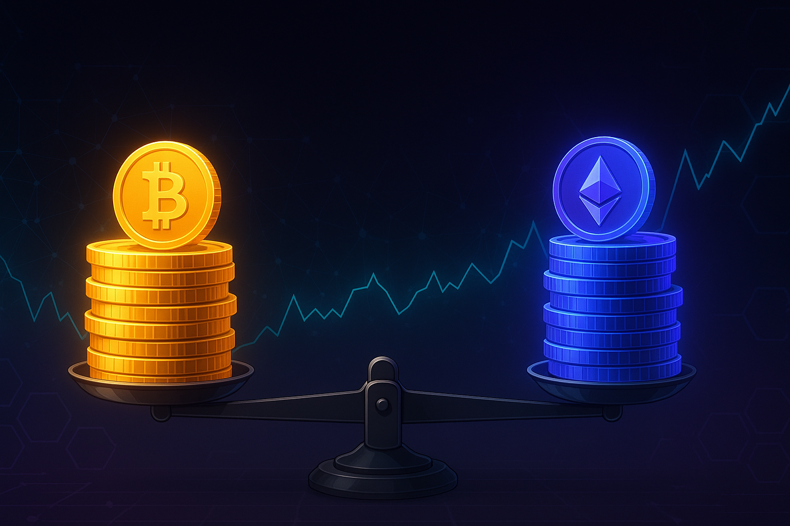 Digital scale balancing bitcoin-style coins against ethereum-style coins on neon blockchain background