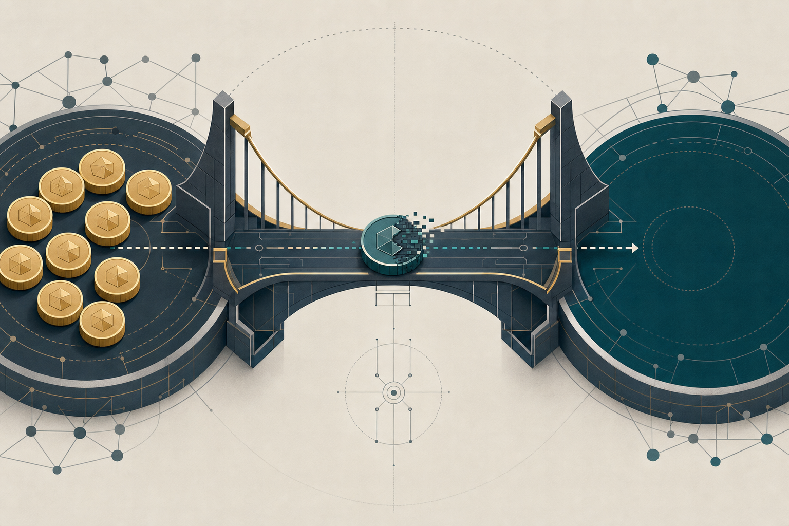 Ilustração abstrata de uma ponte entre cadeias com um token corrompido atravessando a cadeia, representando uma falha na validação do registro de tokens.