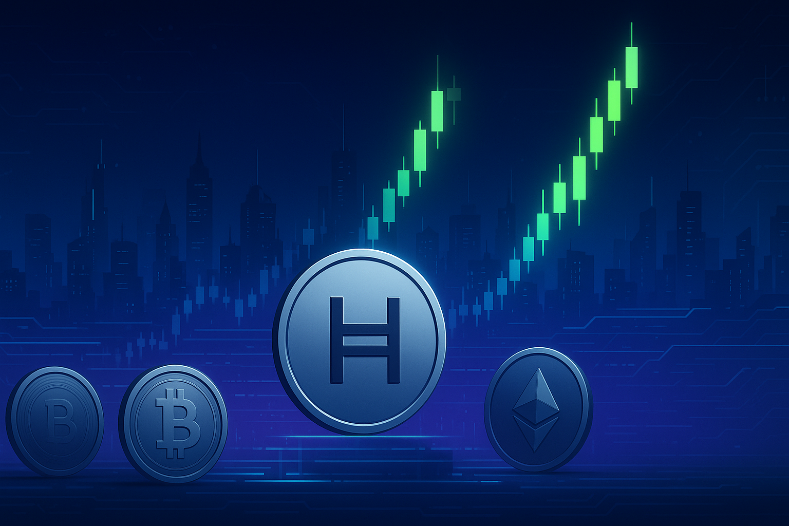 Futuristic digital city with rising neon crypto price charts and HBAR coin